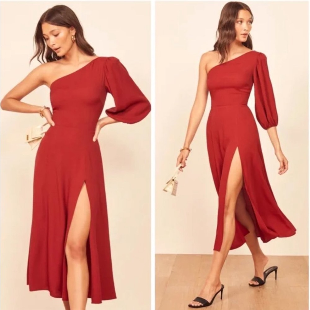 Reformation Lawrence Midi One-Shoulder Red Dress